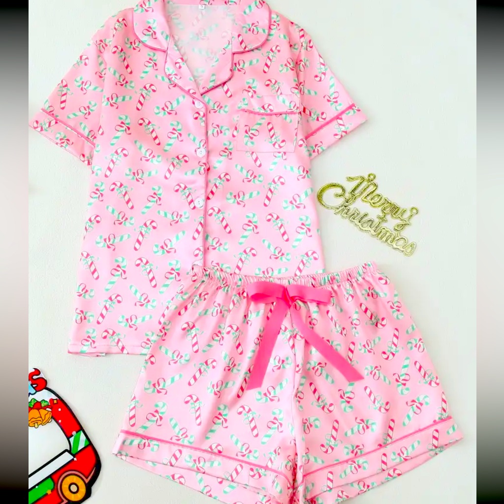 Women’s New Satin Christmas Pajamas Set Pink Candy Cane Print 2pc Pajama Pjs